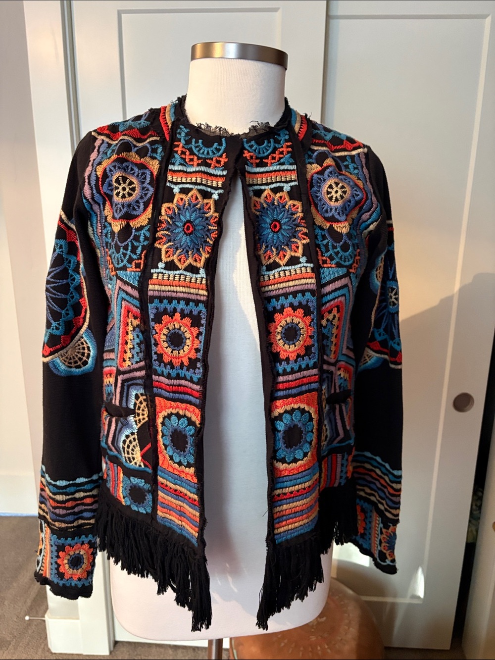 Biya by Johnny Was “ all over” Embroidered Black Fringed Cardigan Sweater